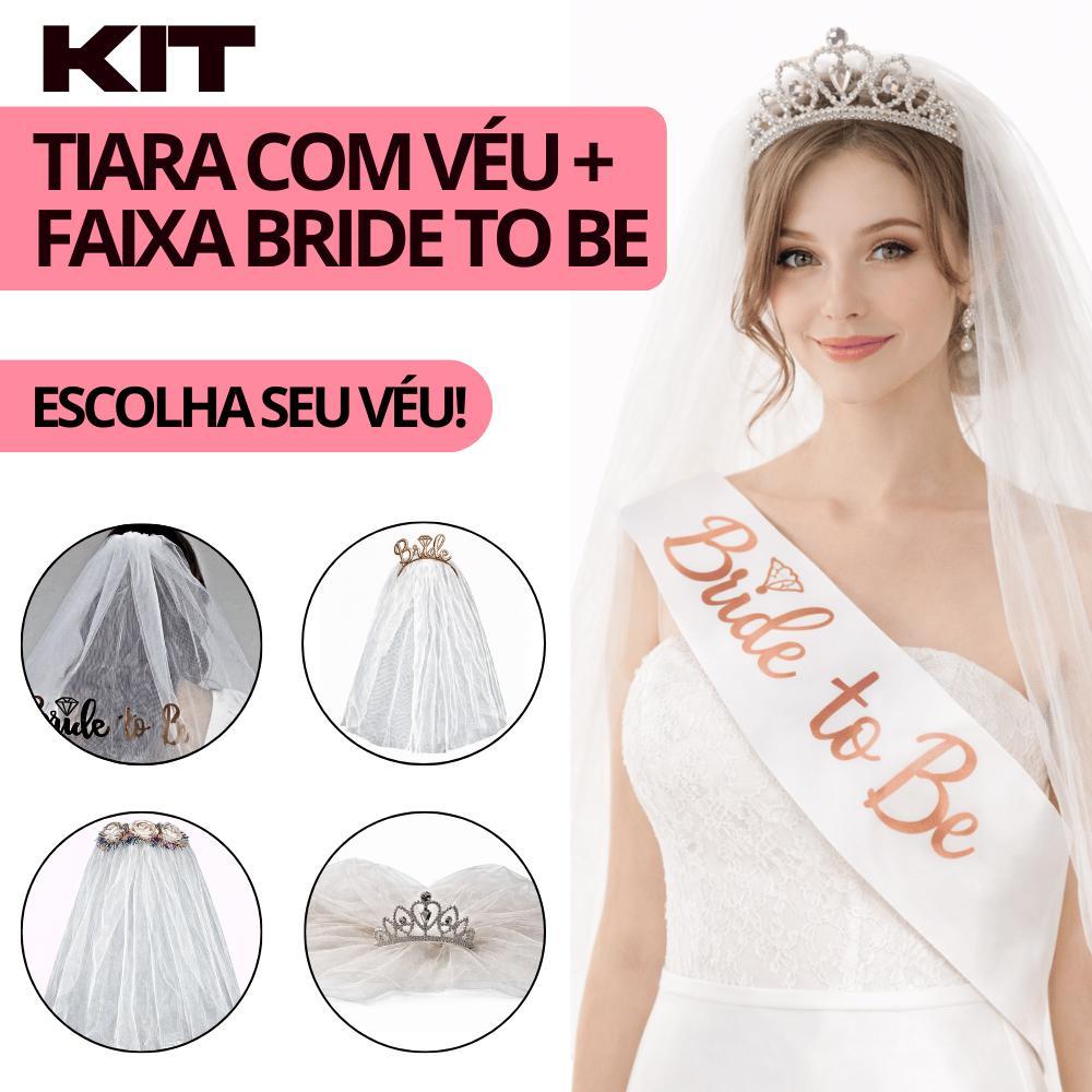 Kit Tiara Véu Bride Despedida de Solteira Véu com Noiva Bride + Faixa Bride to be Noiva