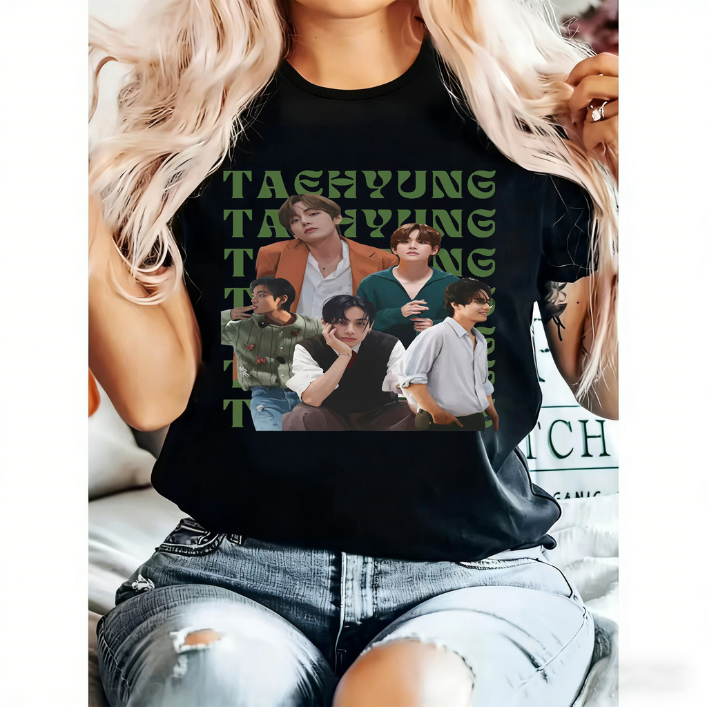 Camiseta Masculina BTS Taehyung Estampa Verde Moderna Estilosa Confortável Moda Masculina