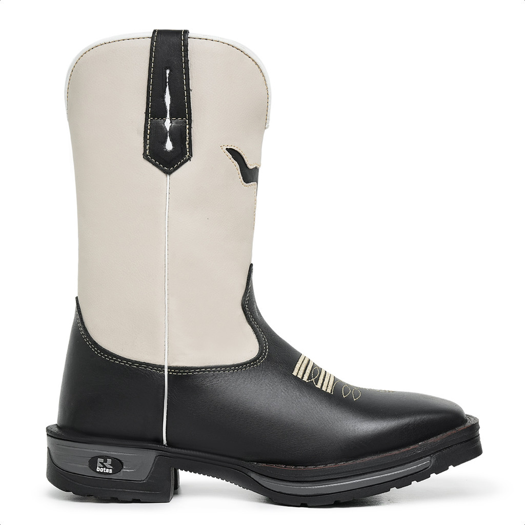 Bota Texana Infantil Unissex RR Botas Country em Couro Com Bordado Boi Bico Quadrado