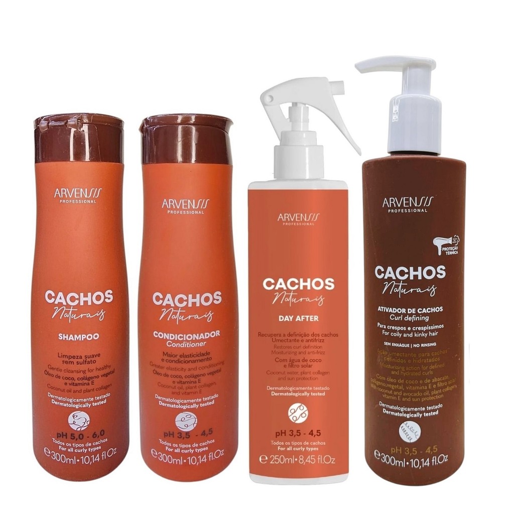 Kit Arvensis Cachos Naturais - Shampoo 300ml + Condicionador 300ml + Day After 250ml + Ativador Crespos 300ml