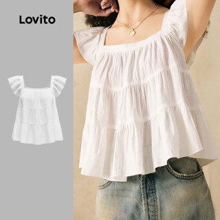 Lovito Blusa Casual com babados franzidos primavera/verão blusa branca para mulheres LK3ED1054 em Oferta na Shopee