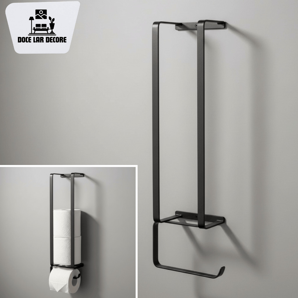 Porta Papel Higiênico de Parede Preto e Dourado Suporte Moderno Decoração Luxo Banheiro Lavabo