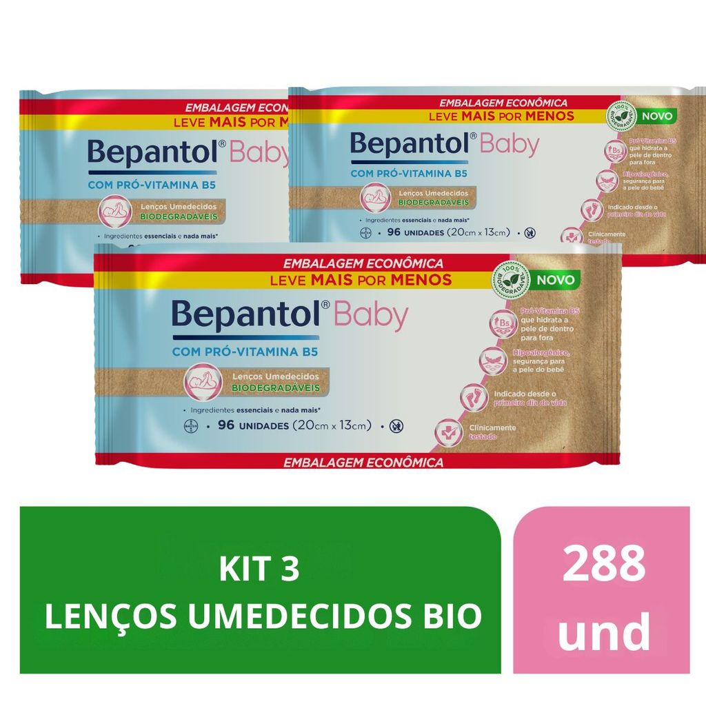 Kit Toalhas Lenços Umedecidos Biodegradáveis Bepantol Baby 3 Pacotes c/96un Cada em Oferta na Shopee