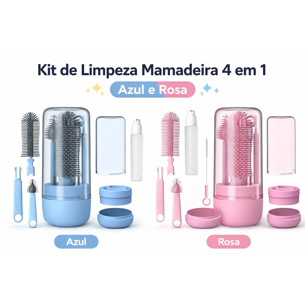 Kit Limpeza Mamadeira 4 em 1 Portátil com Dispenser – Escovas Silicone Completo (6 Peças)