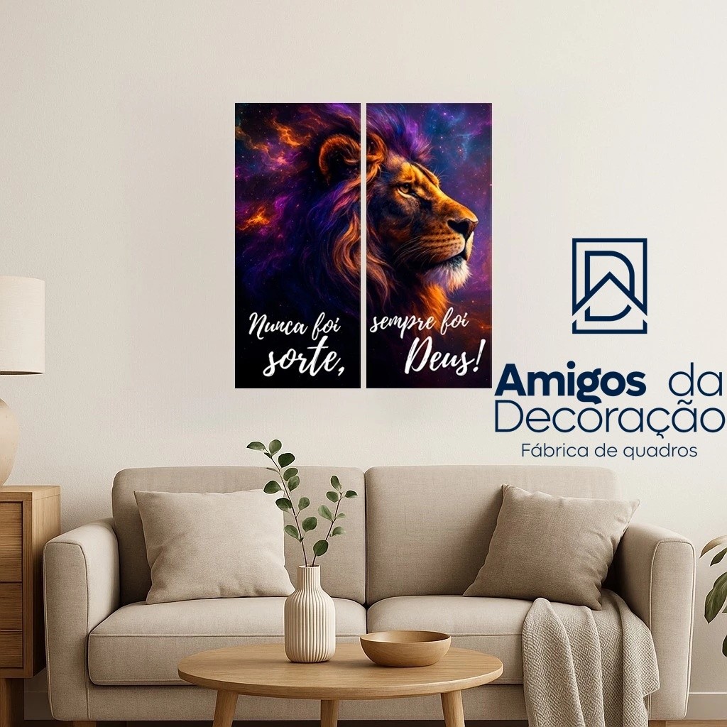 Kit 2 Peças Quadro Decorativo Leão Motivacional Frase Nunca Foi Sorte Sempre Foi Deus Arte Moderna Religioso Sala Quarto