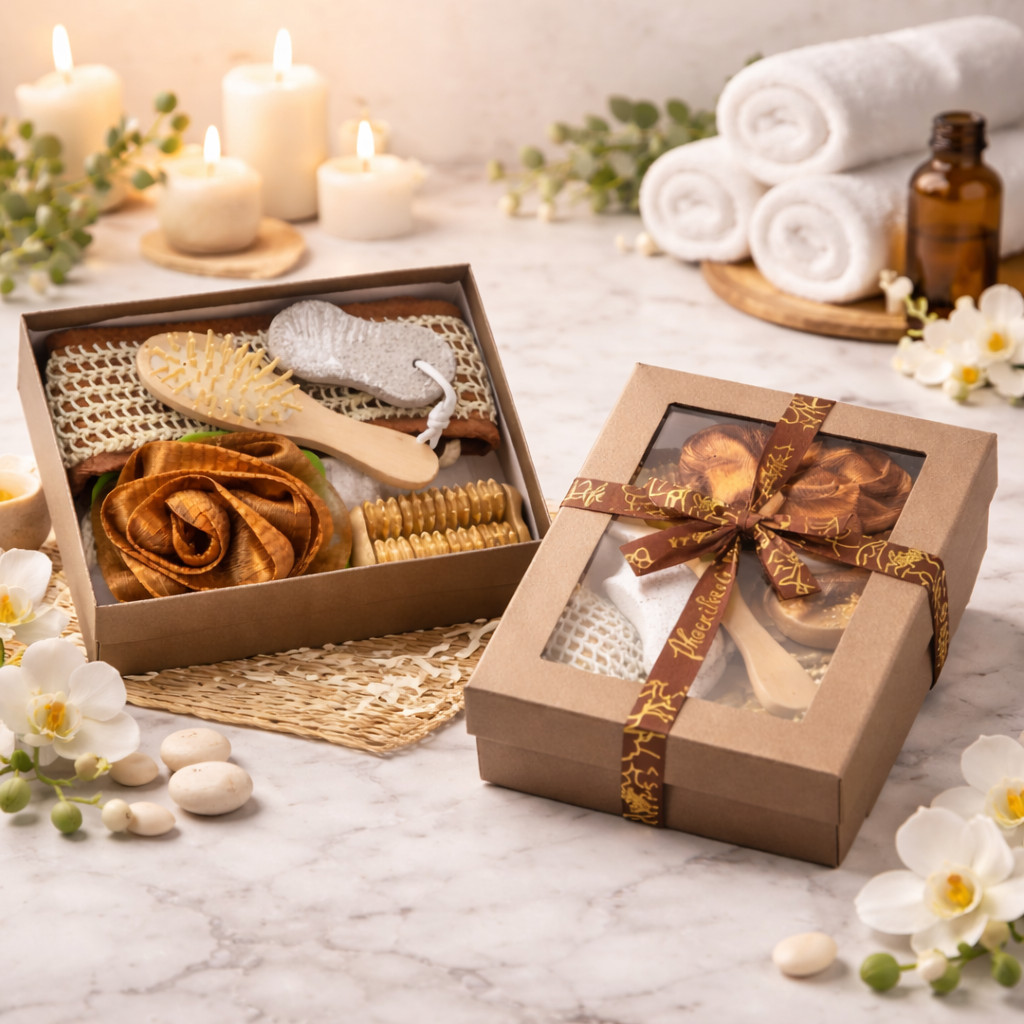 Kit Spa Presente Escova Corporal Bucha Pedra Pomes Massageador Madeira Autocuidado Dia das Mães Aniversário Relaxamento