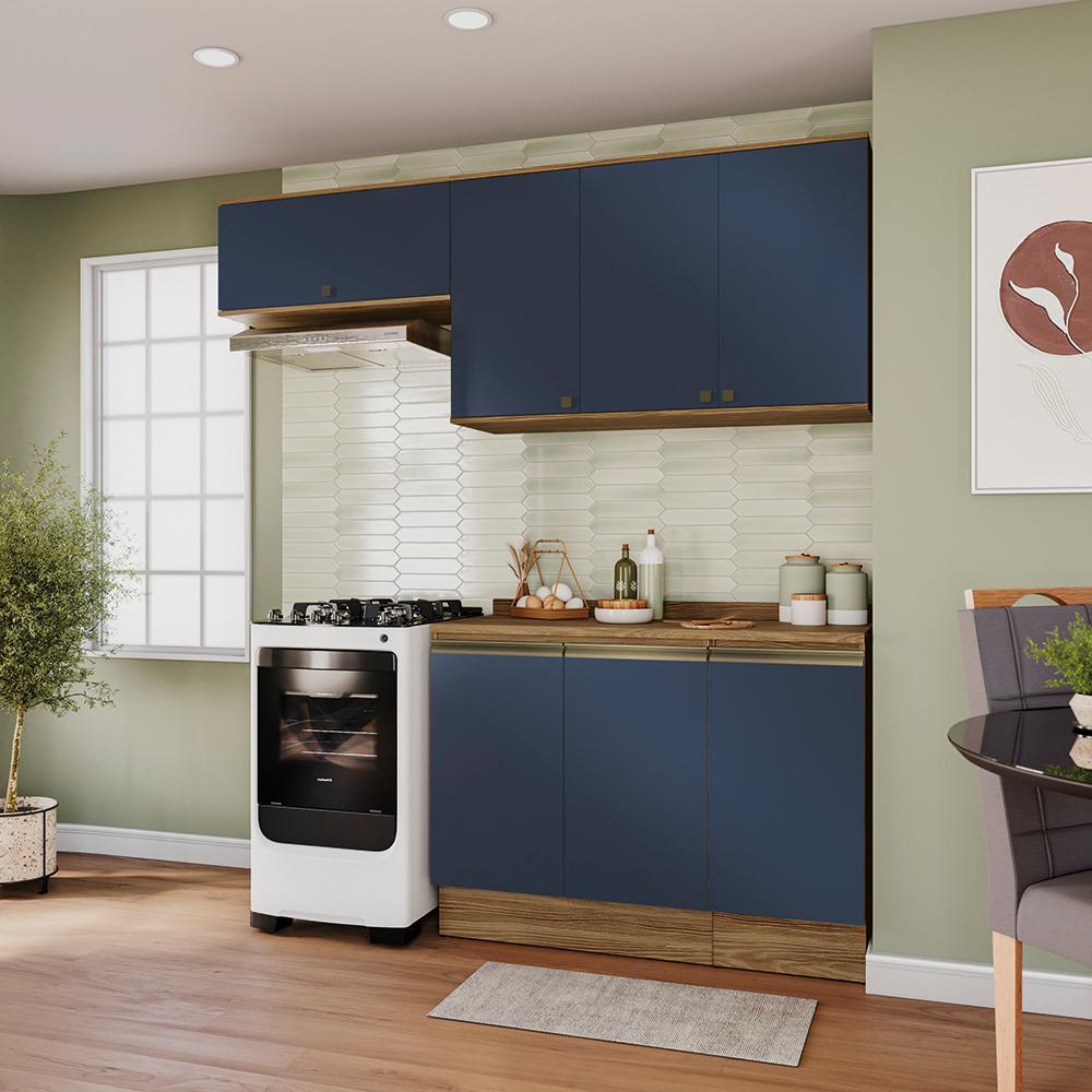 Armário de Cozinha Compacta 100% MDF 200cm Nogueira/Azul Profundo Celeste Kappesberg