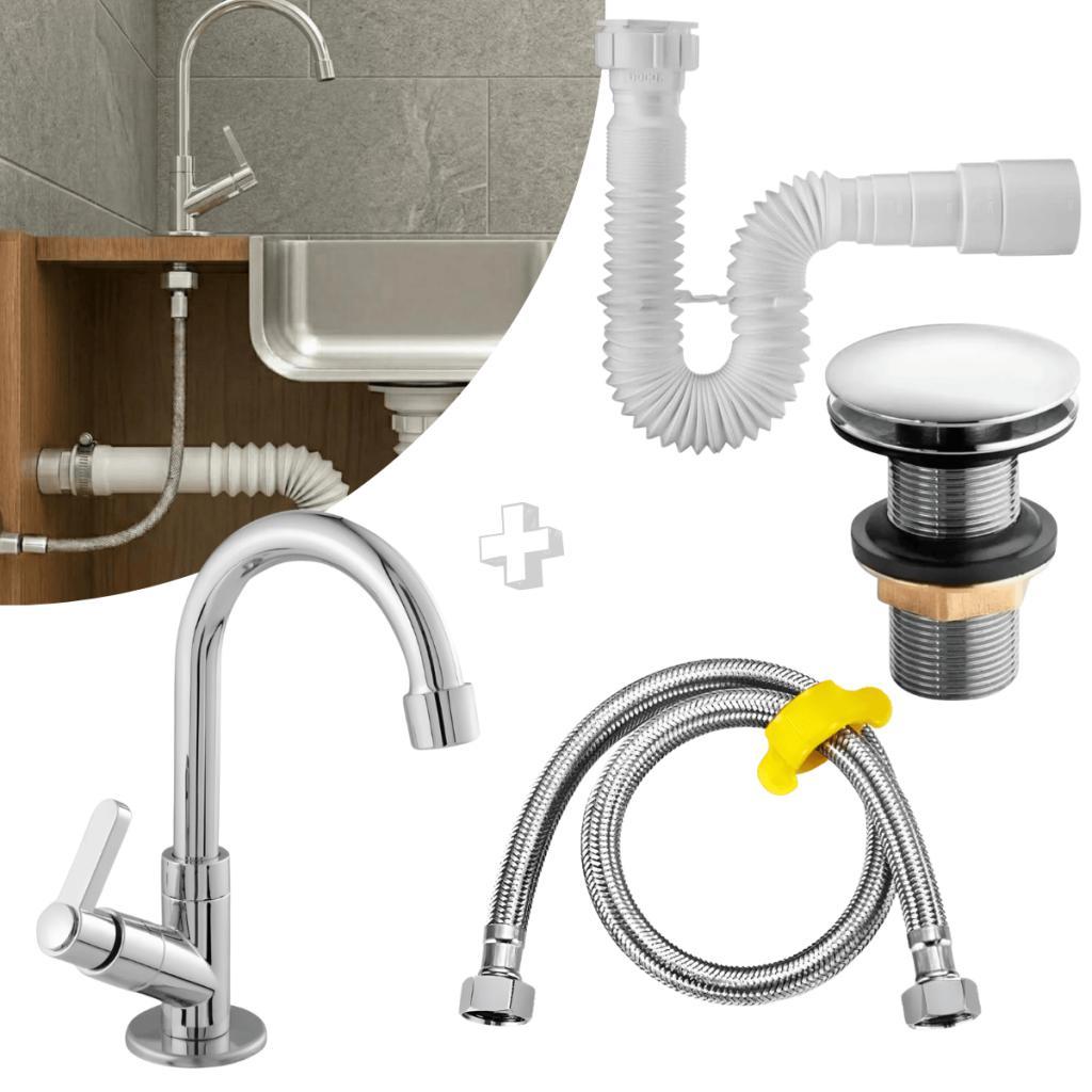 Kit Instalação Lavatório Torneira ABS Cromado Válvula Click Metal Sifão e Engate 60cm Vendiser