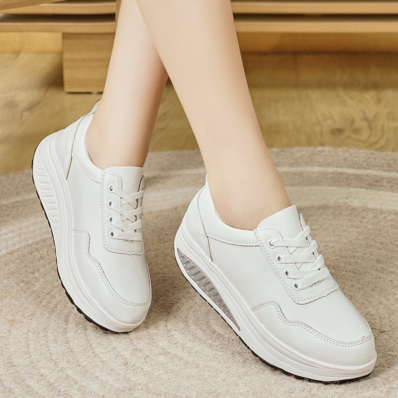 Sapatos Casuais Femininos com Cadarço e Amortecimento a Ar, Plataforma Macia e Elástica, Brancos, Antiderrapantes, Aumen