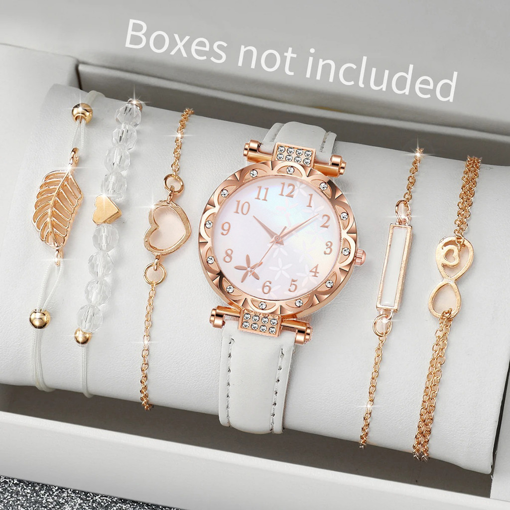 6 peças/conjunto de relógio feminino e pulseira, branco, elegante e casual, relógio feminino com pulseira (sem caixa)