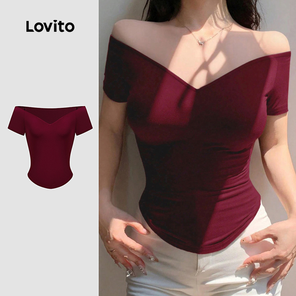 Lovito Camiseta Sexy Casual Clássica E Versátil Cor Vinho Para Mulheres L171AD1155 em Oferta na Shopee