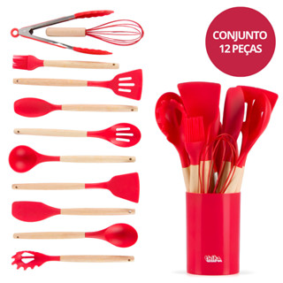 Kit Utensílios Cozinha Silicone 12 Pçs c/ Suporte Vermelho em Oferta na Shopee