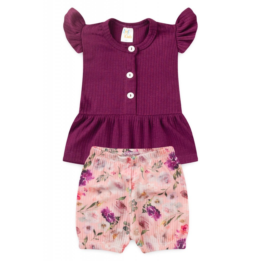 Conjunto Bata Shorts Verão Canelado Bebê - Beringela - Ame Kids