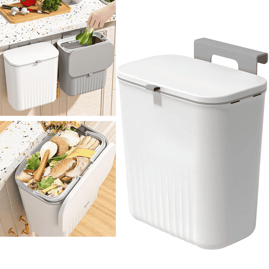 Lixeira suspensa 9 litros com tampa e suporte alto de adesivos e alça de pentura para cozinha e banheiro