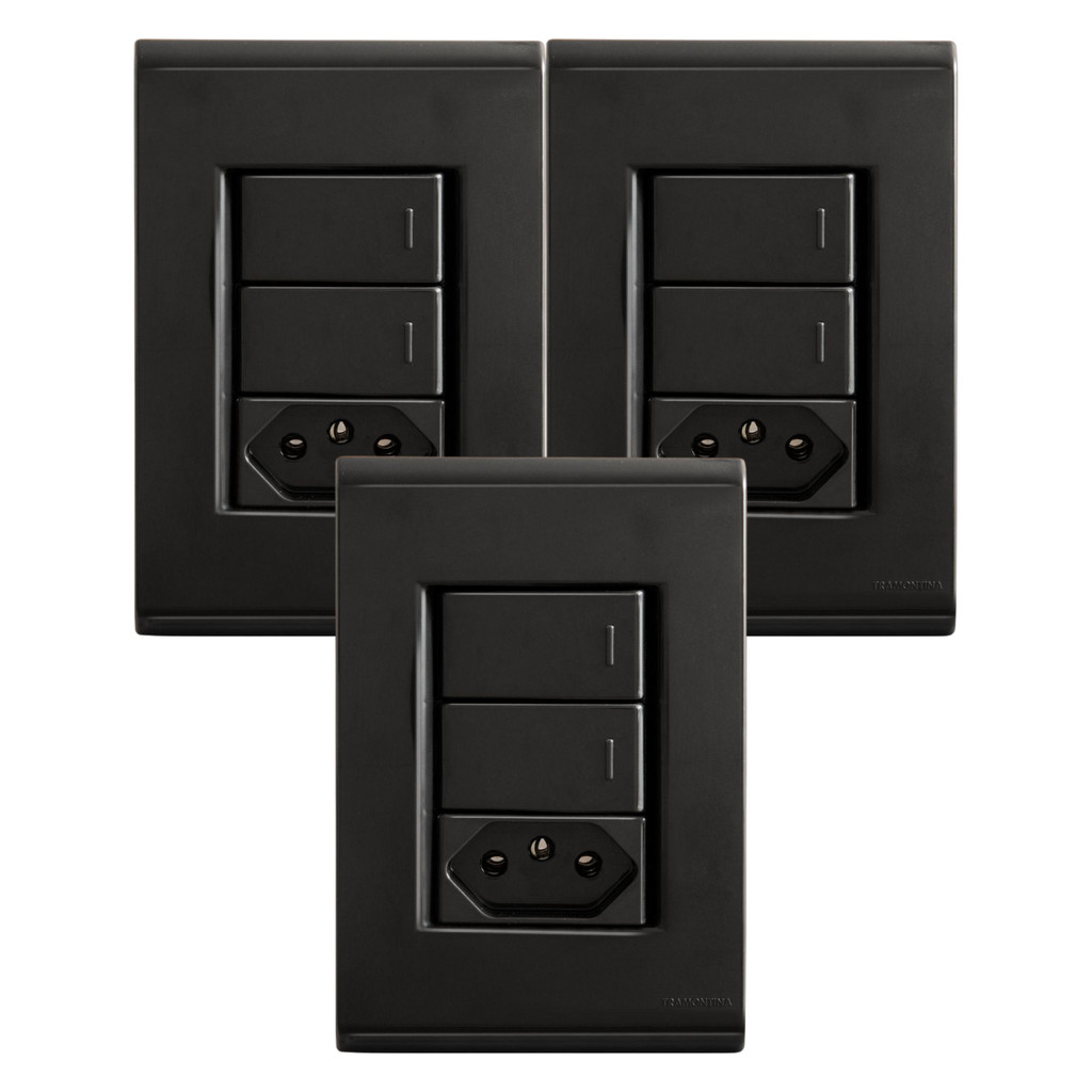 Kit 3 Interruptor Duplo + Tomada 10A Preto Liz Tramontina