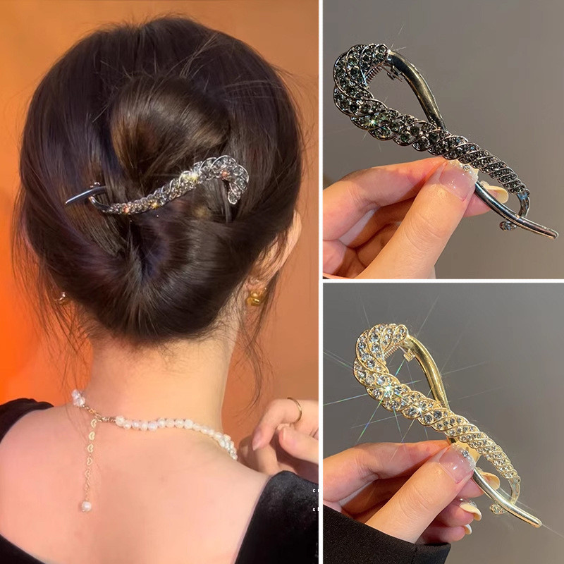 Clipe de torção clássico com strass, clipe de luxo leve, clipe de torção elegante, clipe de coque, estilo versátil para