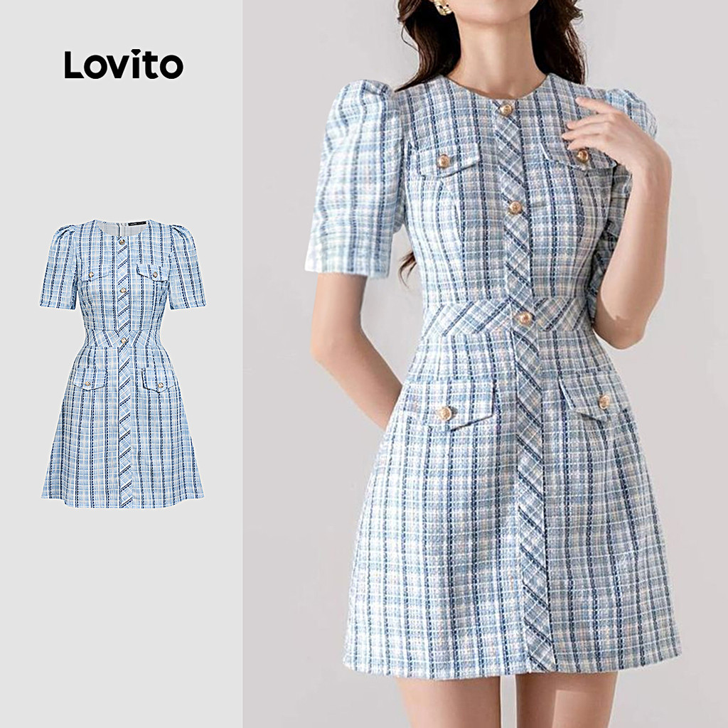 Lovito  Vestido Azul Feminino Primavera/verão Vestido Botão Elegante L171ED168 em Oferta na Shopee