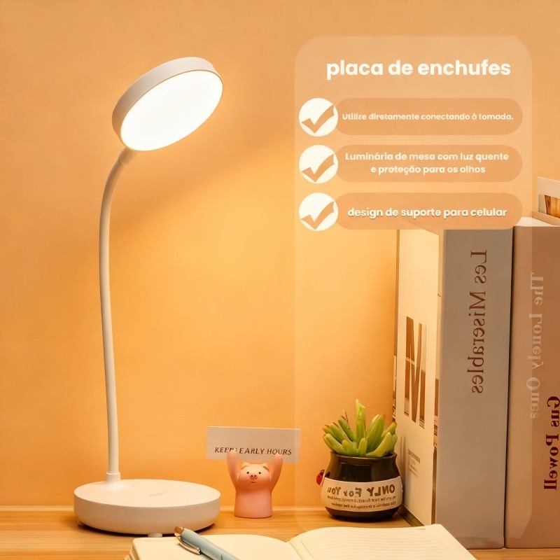 Luminária de Mesa Sem Fio Recarregável – Abajur LED com Touch e Haste Flexível, Para Estudo