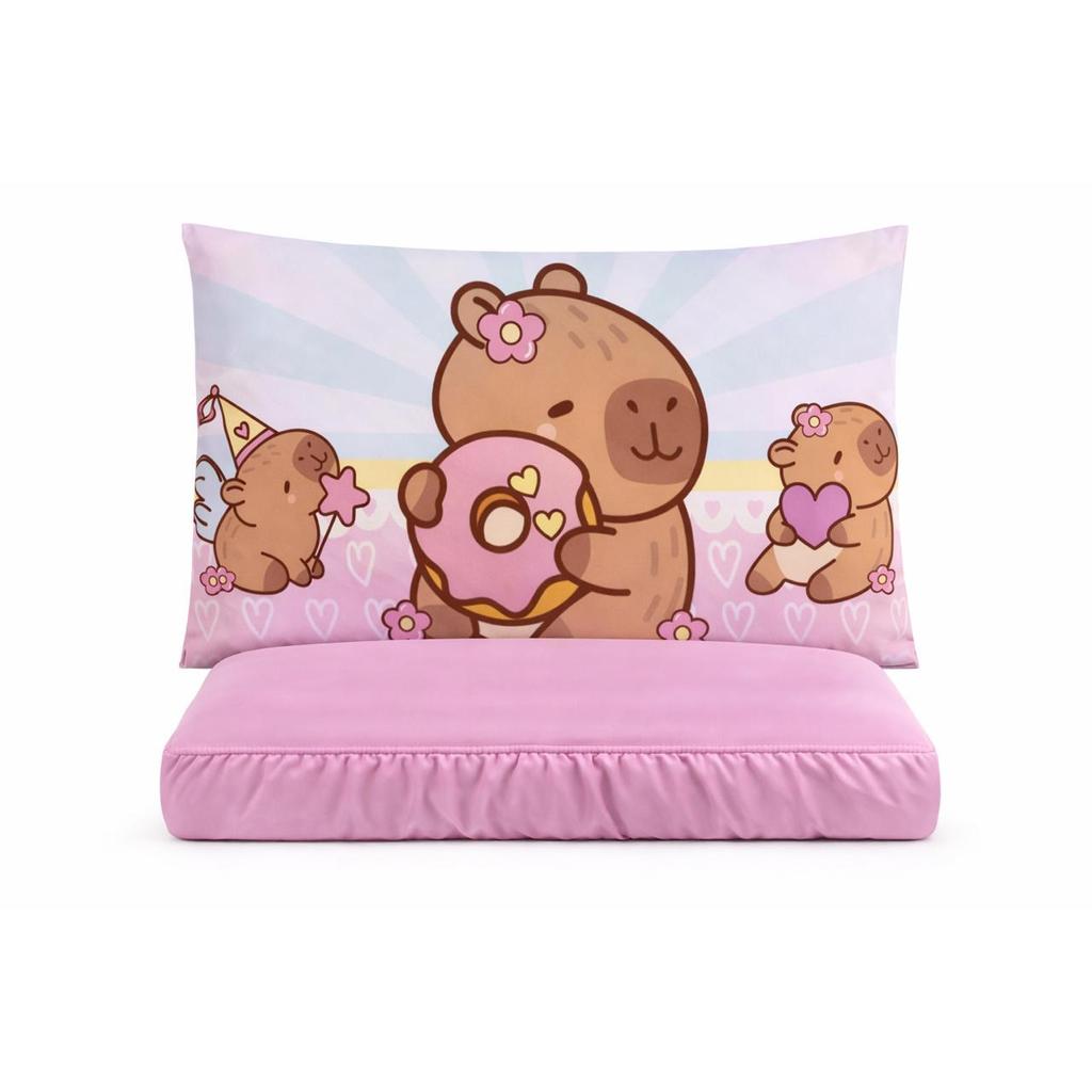 Jogo de Lençol Infantil Capivara 2 Peças Microfibra Fronha Estampada Menina Menino Macio Confortável