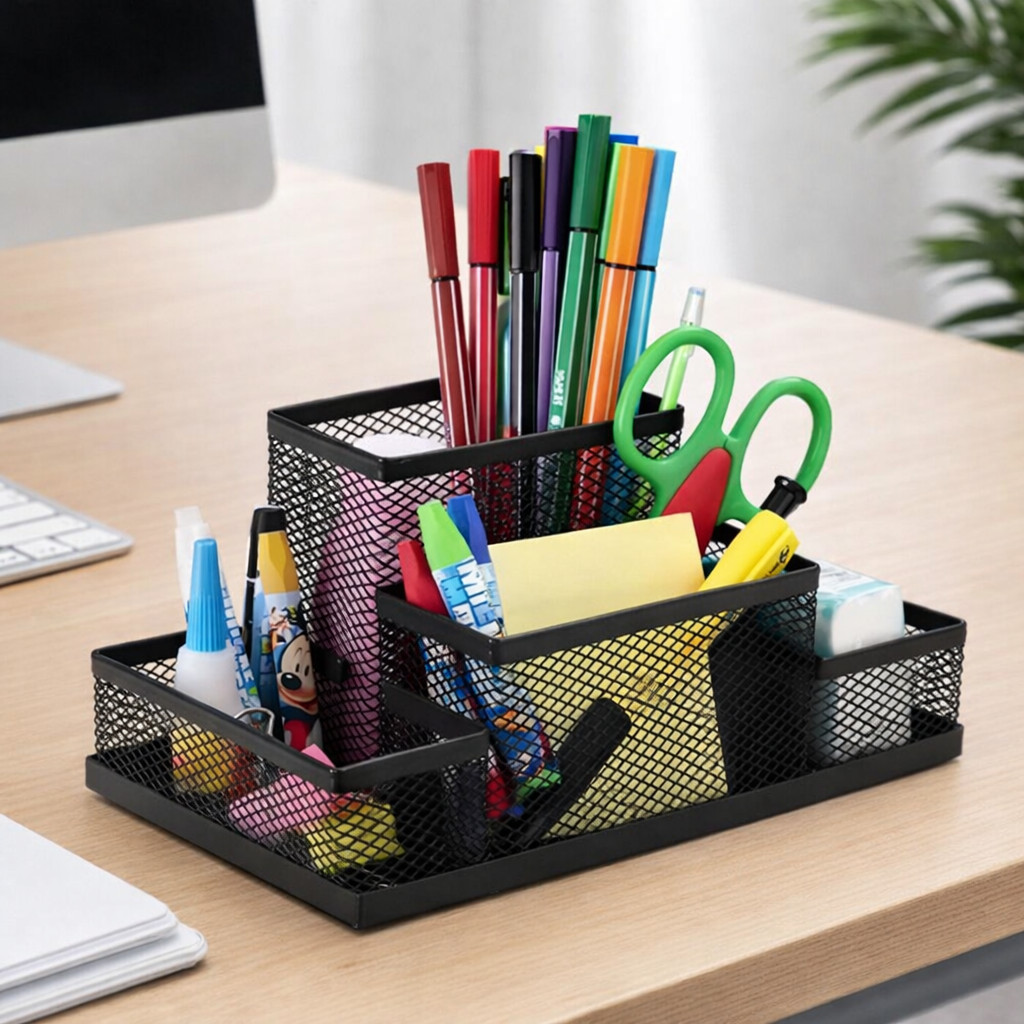 Kit Organizador De Mesa Metal Aramado Porta Caneta Lápis Treco Divisórias Escritório Home Office
