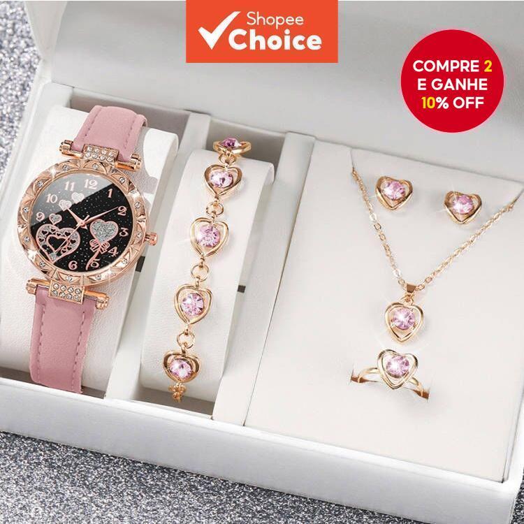 Relógio Feminino Formato De Coração Tela De Seda Mostrador Pulseira De Couro Presente De Festival De Quartzo