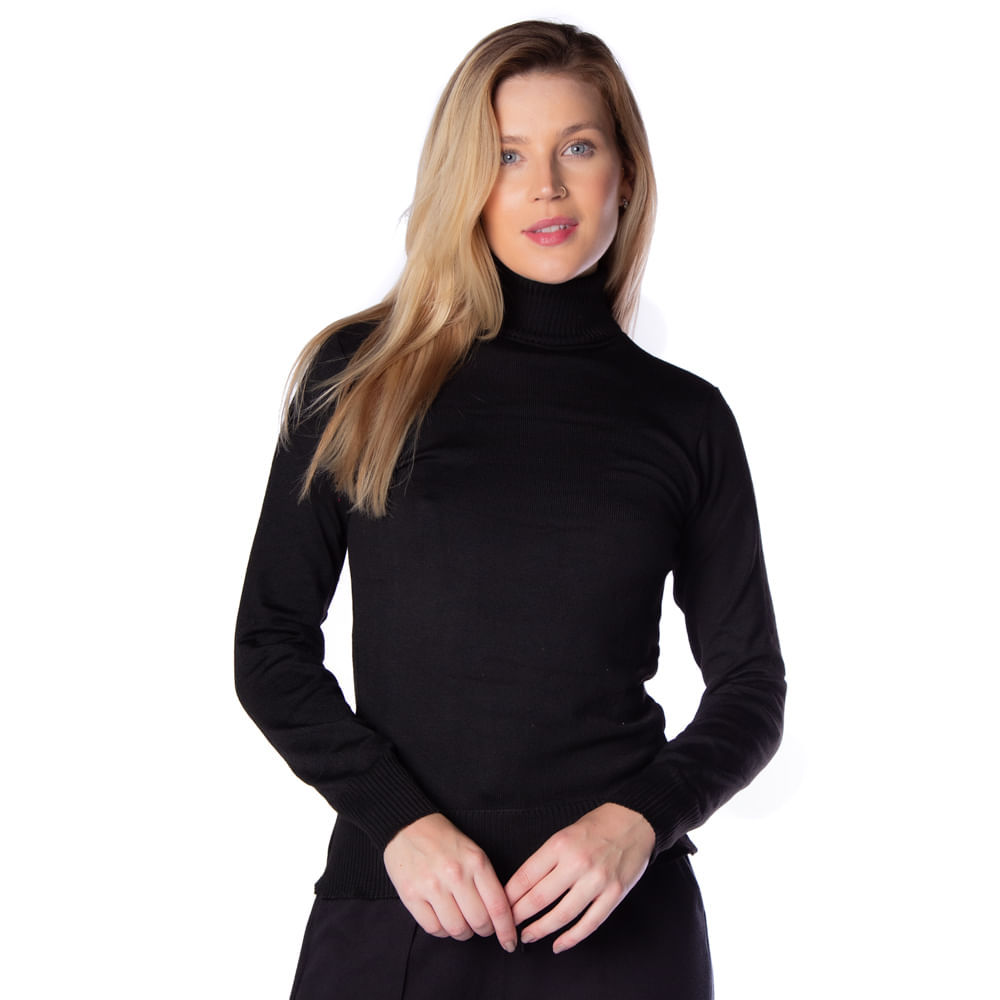 Blusa Básica Feminina Oliveira Malhas em Tricot com Gola Alta Preto em Oferta na Shopee