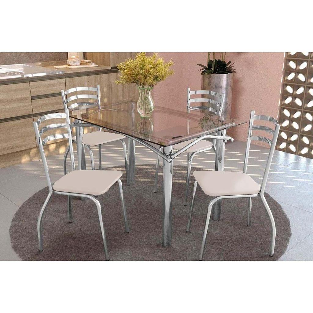Sala de Jantar Completa Elba c/ Tampo de Vidro 120cm e 4 Cadeiras Portugal Cromada - Courano Branco - Kappesberg em Oferta na Shopee