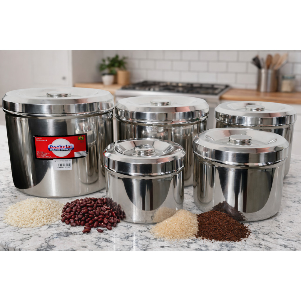 Jogo De Lata Mantimento De Aluminio - Conjunto 5 Pecas Porta Alimento 14 16 18 20 22