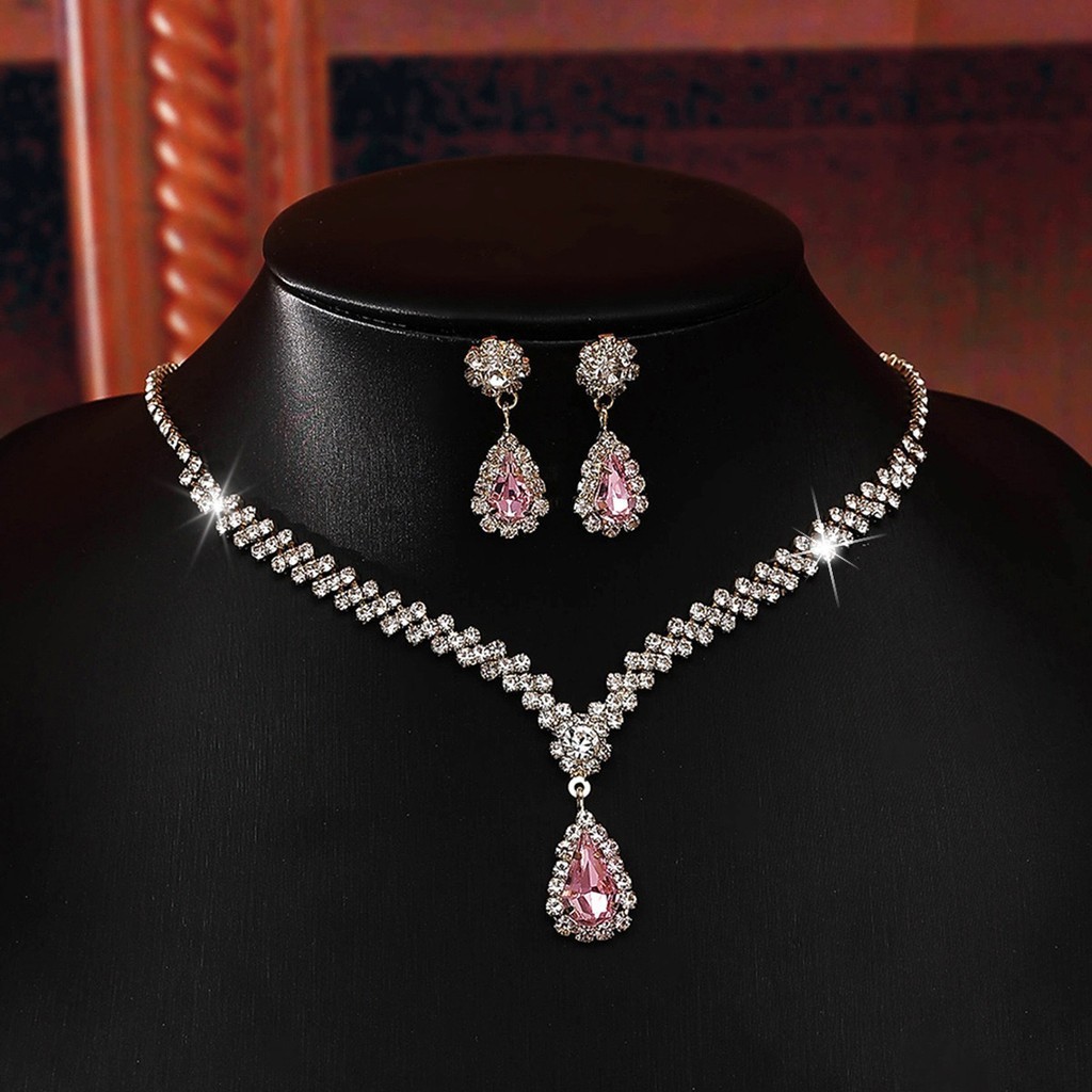 Conjunto De 2 Peças De Colar E Brincos De Diamante Rosa Feminino Conjunto De Joias De Casamento De Luxo