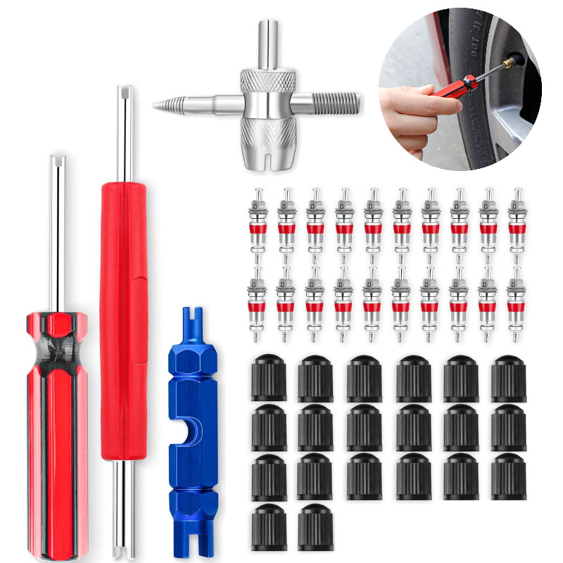 Kit de Reparo de Válvula de Pneu 44 Peças - Ferramenta de Remoção e Instalação + Núcleos e Tampas