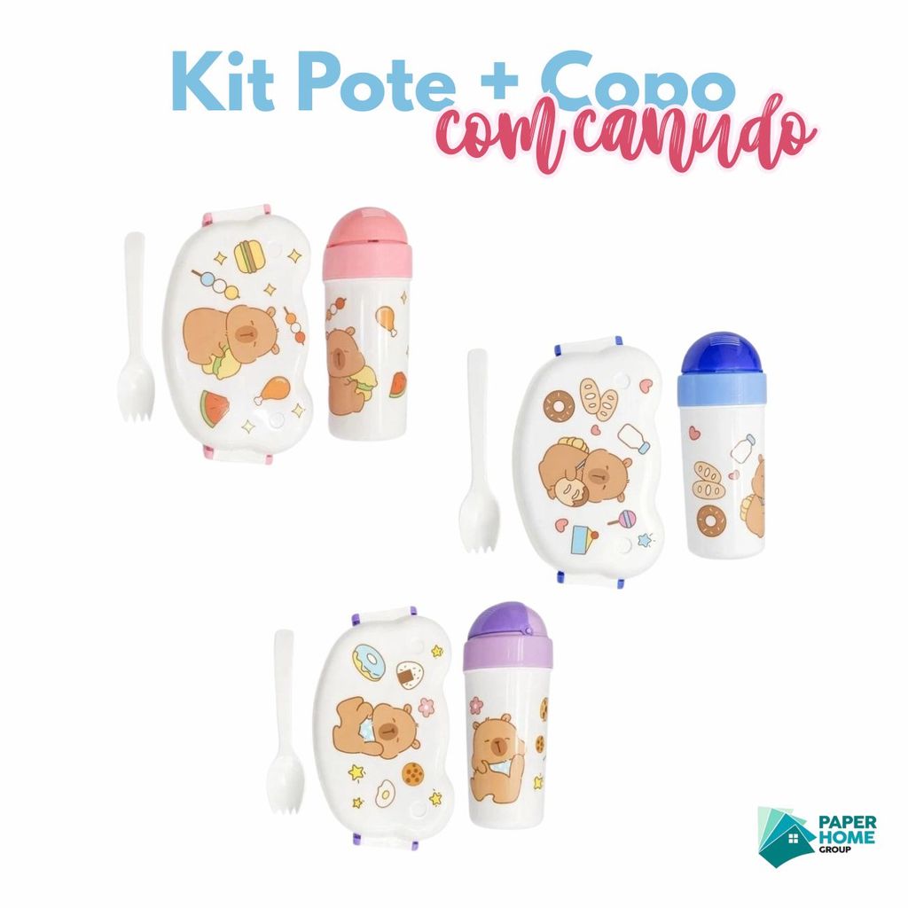 Kit Lanche Capivara Pote Divisória + Talher + Copo Canudo Azul Rosa Lilás em Oferta na Shopee
