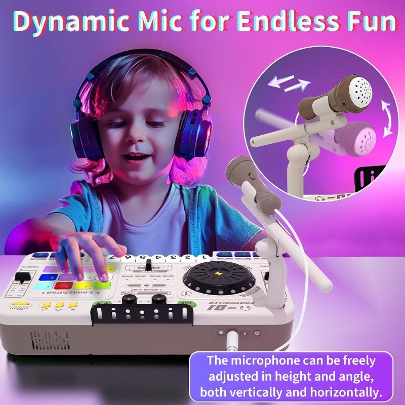 Mesa de DJ Infantil Musical com Bluetooth Piano Eletrônico Recarregável Luzes e Microfone Brinquedo Educativo