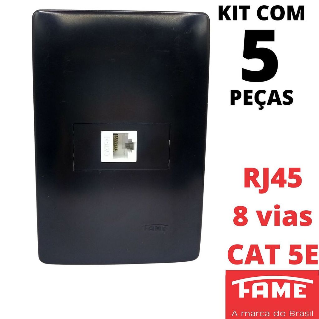 5un Tomada Rede de Informatica RJ45 CAT 5E 8 Vias Com Placa 4x2 Habitat Black Preto FAME