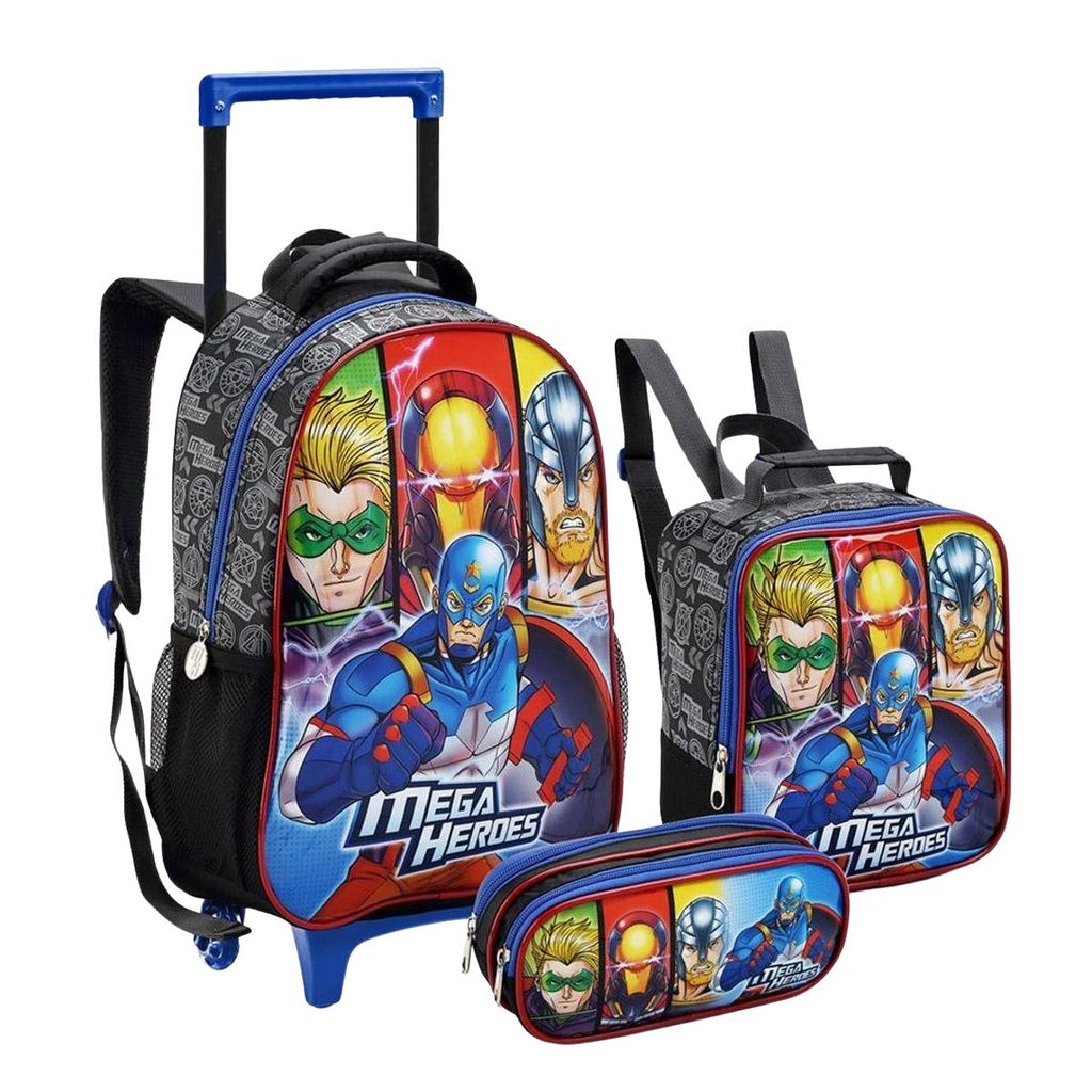 Kit Mochila Rodinhas Lancheira Estojo Heróis Mega Infantil Escolar Menino Seanite