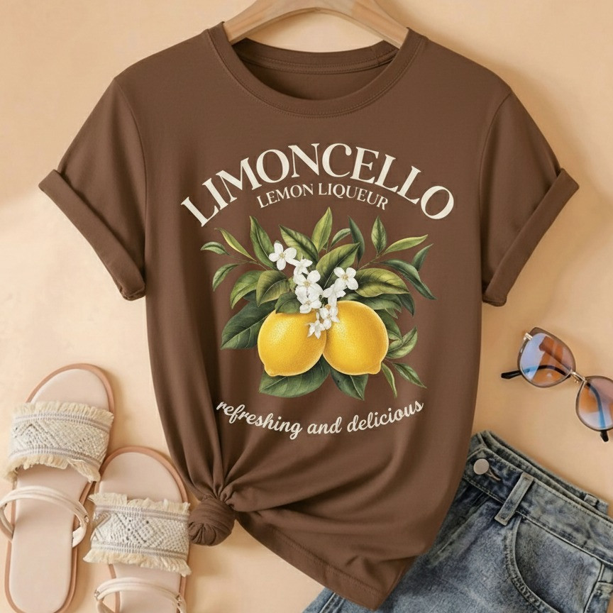 Camiseta Casual T-shirt Feminina Vintage Limão Siciliano  Estampada com Design Look Moderno Lançamento Primavera Verão