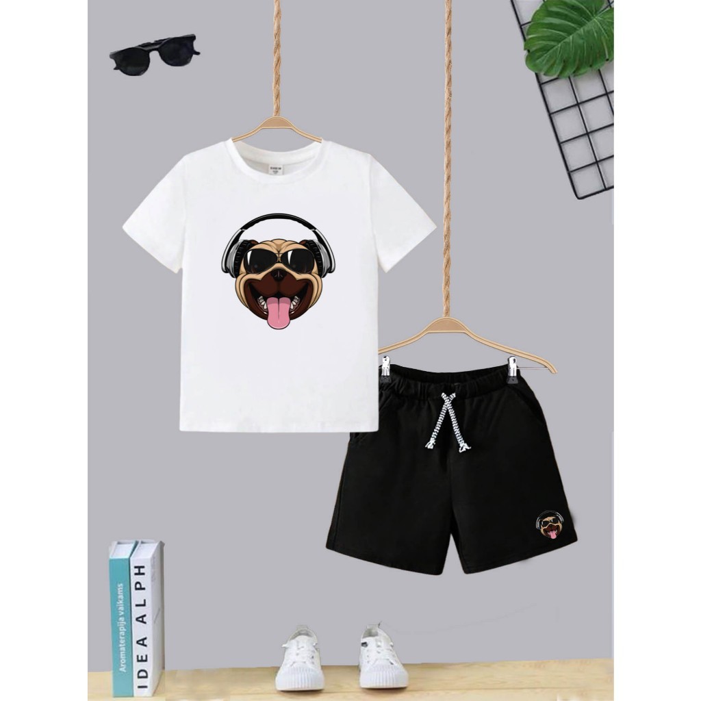 Kit Camiseta + Short com Bolso Conjunto Juvenil Infantil Algodão Confortável Dog Língua Estiloso