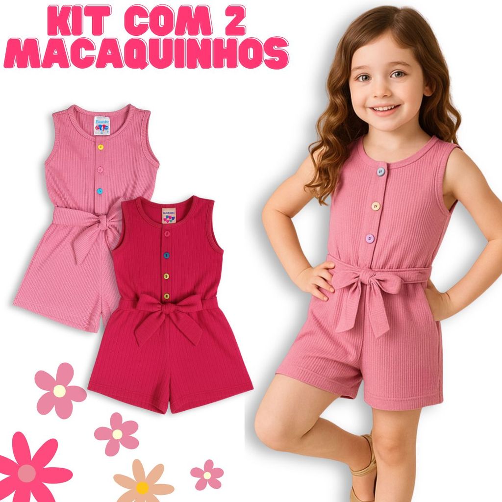 Kit Com 2 Macaquinhos Menina Infantil Ribana Soft - (jardineira-macacão)
