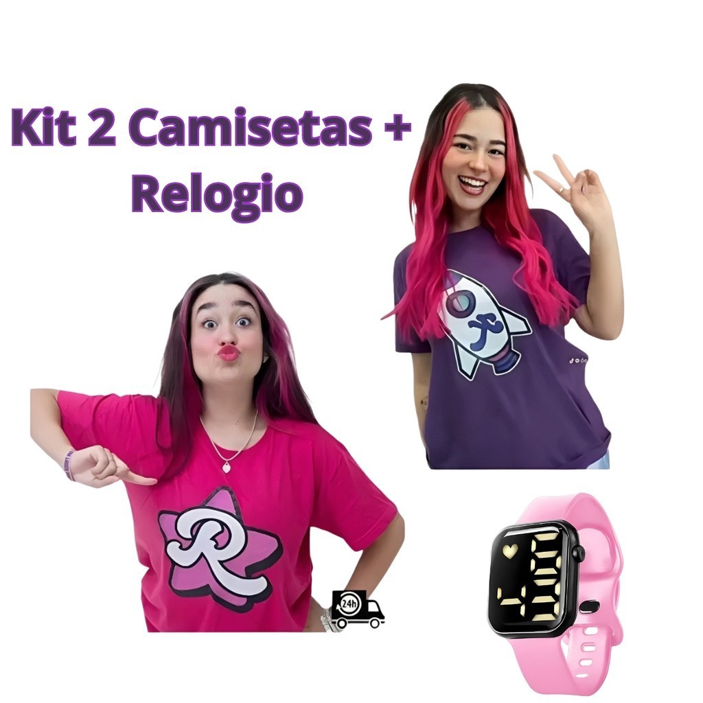 KIT 2 camisetas + Relogio Infantil Juvenil Emily Vick e Katlen Teen Juvenil dos rosa Juvenil Emili vic rosa e roxa 2026