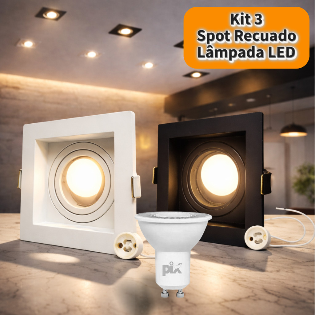 3 Spot Embutido Recuado MR16 Quadrado + Lâmpada LED Dicroica 7W GU10 Pix