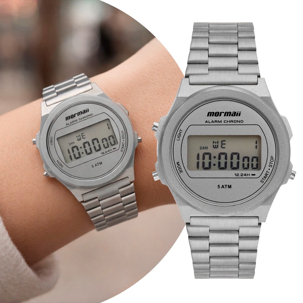 Relógio Digital Retro Vintage Unisex Prata com Caixa e Pulseira de Aço à Prova D' Água Mormaii Original