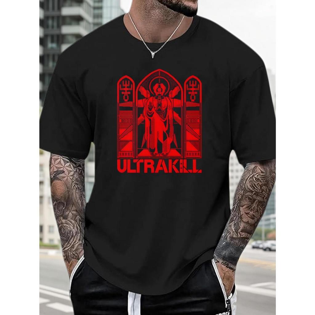 T-shirt gráfico para homem ULTRAKILL - Texto e design vermelho ousado - T-shirt de pesco?o redondo pesado - Camisa casua em Oferta na Shopee