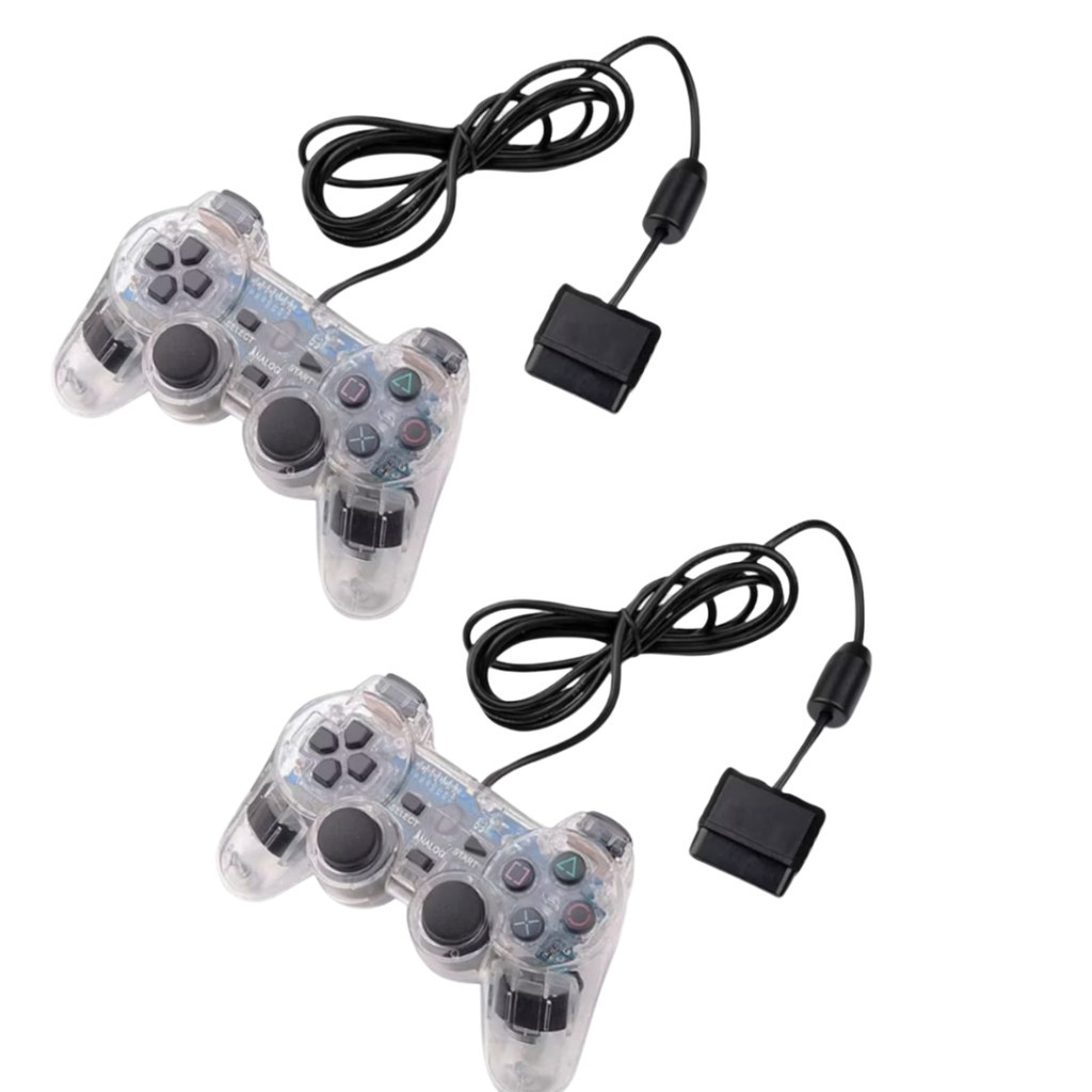 Kit 2 Controles Ps2 Joystick Com Fio Ergonômico Plug And Play Cristal Com Dupla Vibração