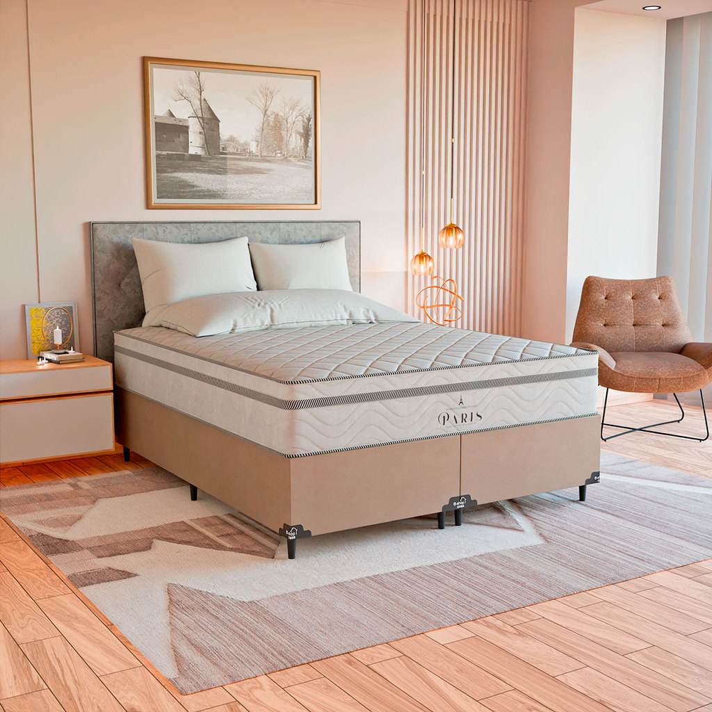 Cama Box Queen Bege + Colchão Paris Molas Ensacadas Branco em Oferta na Shopee