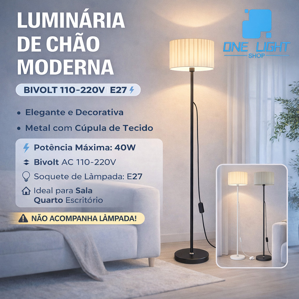 Luminária de Chão Moderna 40W E27 Bivolt 110/220V Abajur de Piso Metal e Tecido em Oferta na Shopee