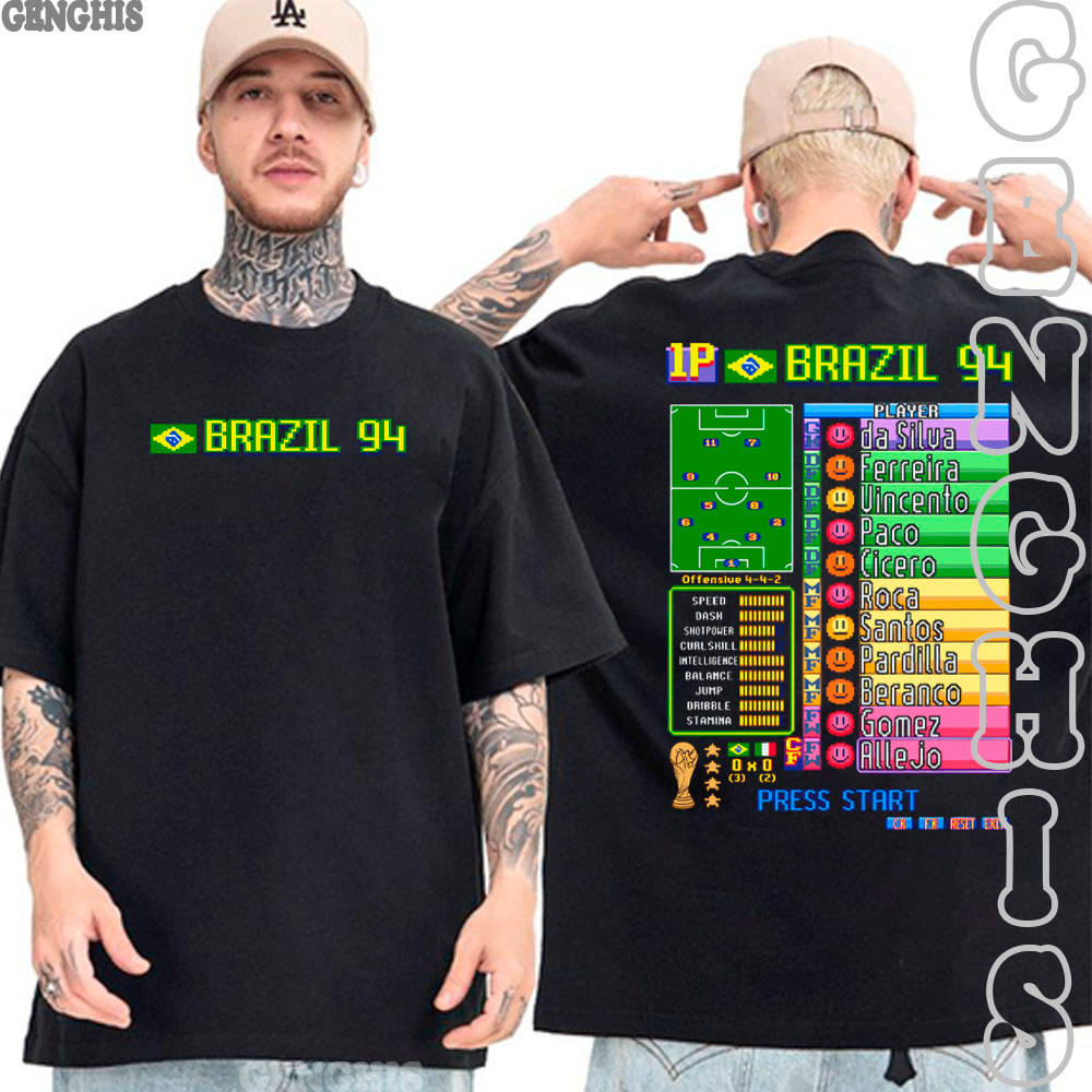 Camiseta Futebol Video Game Vintage Brasil 94 Camisa Basica Oversized Plus Size Unissex Algodão