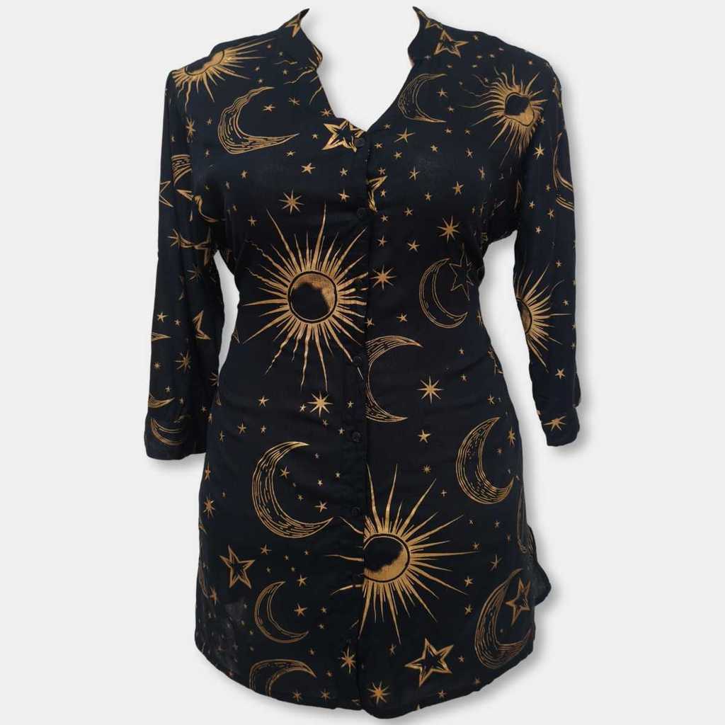 Bata Túnica Feminina Indiana Estampa Dourada Sol Lua Estrela em Oferta na Shopee