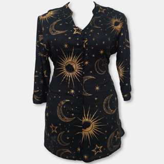 Bata Túnica Feminina Indiana Estampa Dourada Sol Lua Estrela em Oferta na Shopee