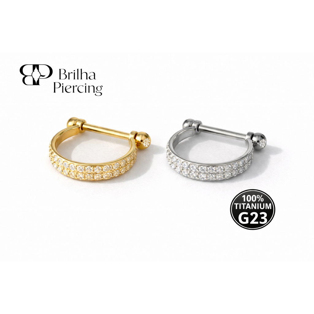 【Brilha】LUX ARC — Piercing Daith Argola Meia-Lua Cravejada Pavê Titânio G23 – Daith / Hélix Interno / Cartilagem