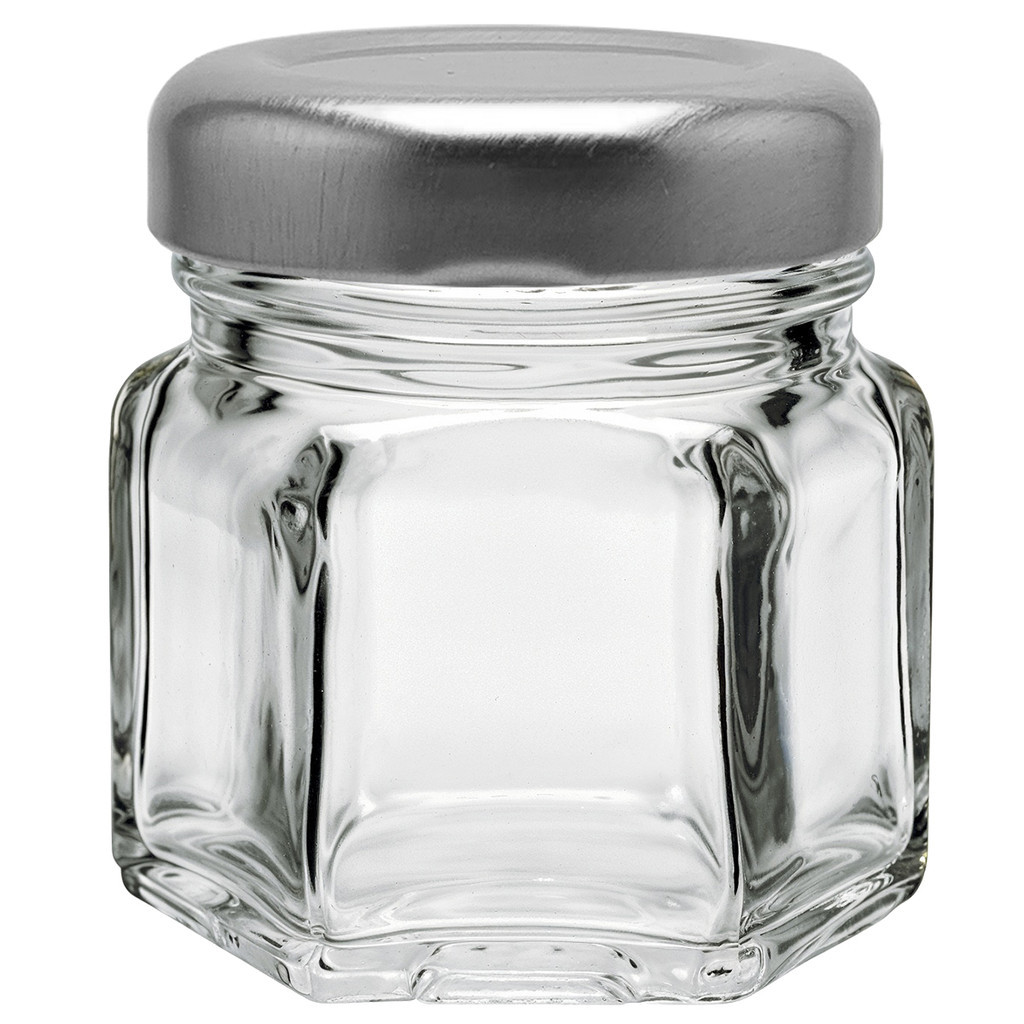 50 potes de Vidro mini geleia brigadeiro de 40 ml sextavado geleinha tampa Prata