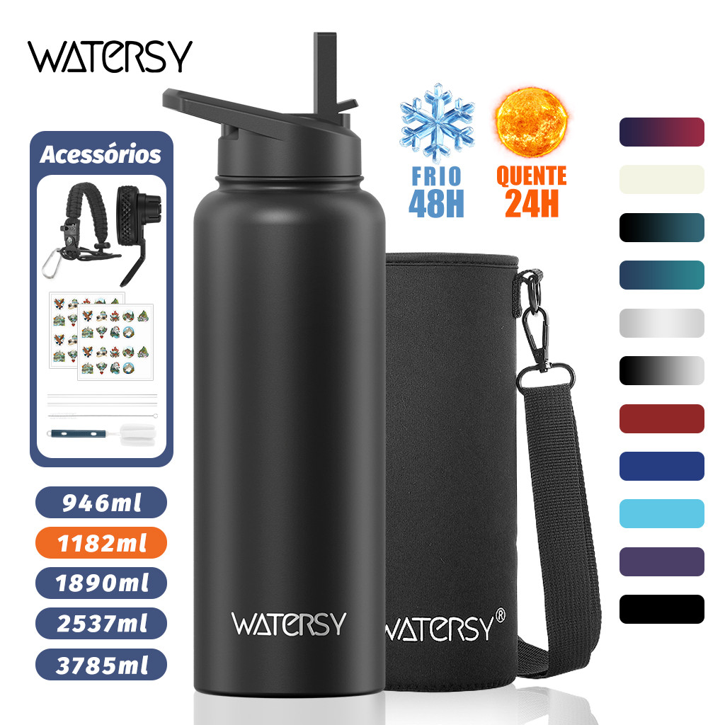 WATERSY Garrafa Térmica 1200/1890ml Inox 48h Frio com Adesivos e Canudo - Para Camping